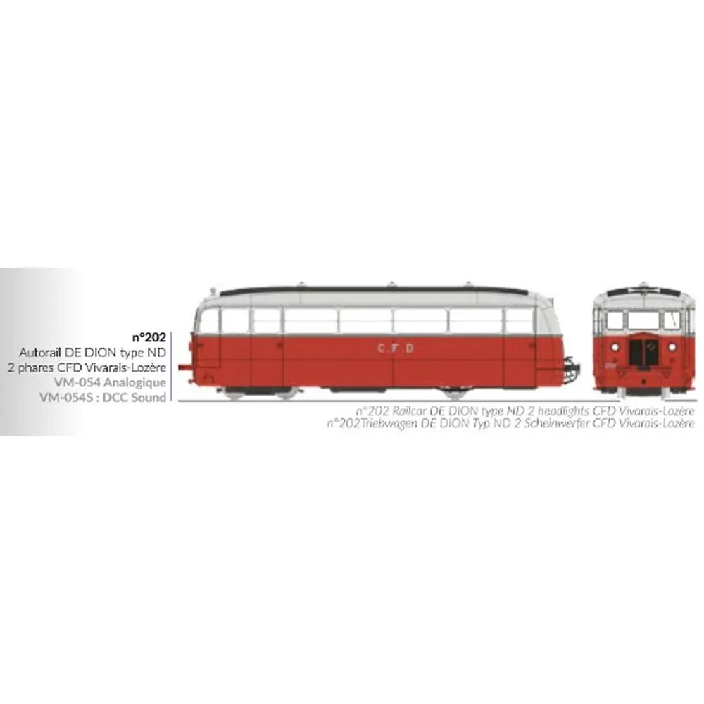 Autorail De Dion type ND Vivarais-Lozère N°202, 2 phares, rouge/gris perle - Ree Modèles VM054S - HOe/HOm 1/87 - CFD - Ep III - Digital sound - 2R - 2