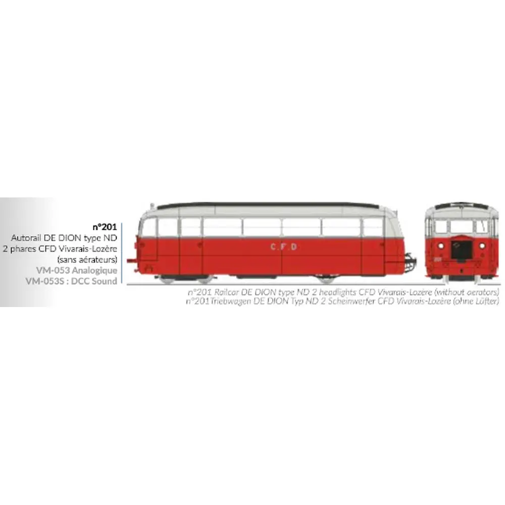 Autorail De Dion type ND Vivarais-Lozère N°201, 2 phares, sans aérateurs, rouge/gris perle - Ree Modèles VM053S - HOe/HOm 1/87 - CFD - Ep III - Digital sound - 2R - 2