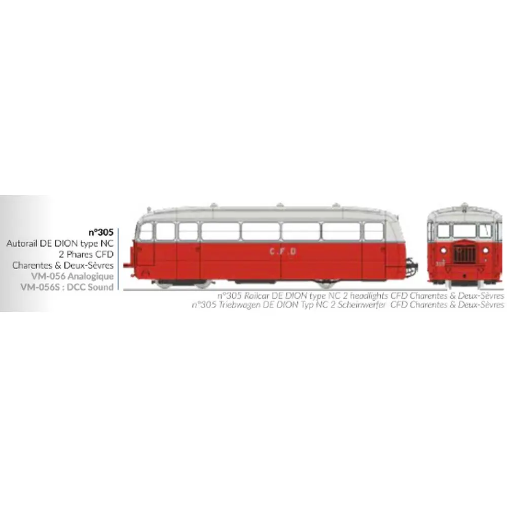 Autorail De Dion type NC Charentes & Deux-Sèvres N°305, 2 phares, rouge/gris perle, toit gris - Ree Modèles VM056S - HOe/HOm 1/87 - CFD - Ep II/III - Digital sound - 2R - 2