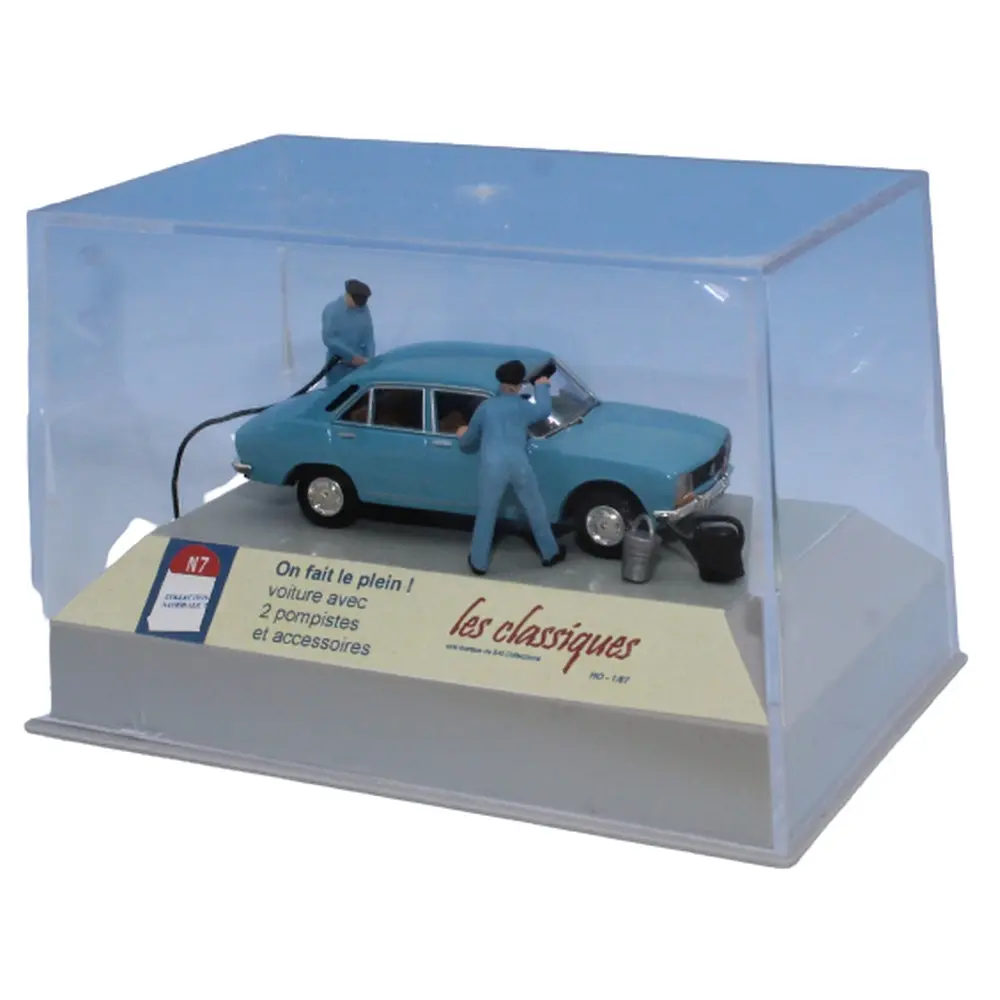 Voiture Peugeot 504 bleu canard, 2 pompistes et accessoires SAI 1924 - HO 1/87 - 2