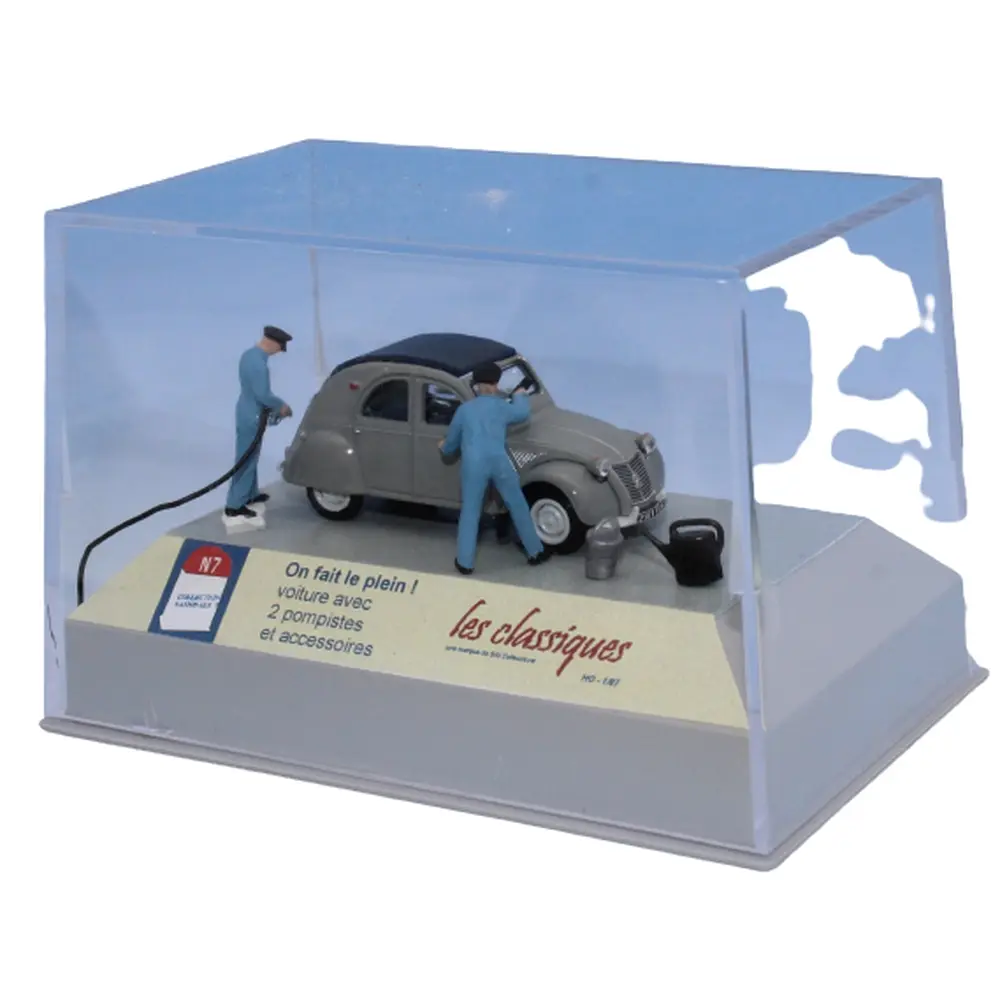 Voiture Citroën 2cv AZLP gris, 2 pompistes et accessoires SAI 1912 - HO 1/87 - 2