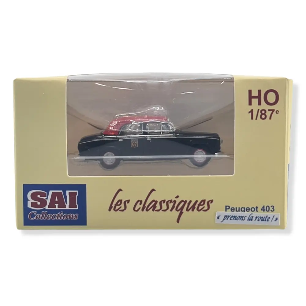 Voiture Peugeot 403 Taxi G7, noir toit rouge, 2 personnages SAI 1623 - HO : 1/87 - 2