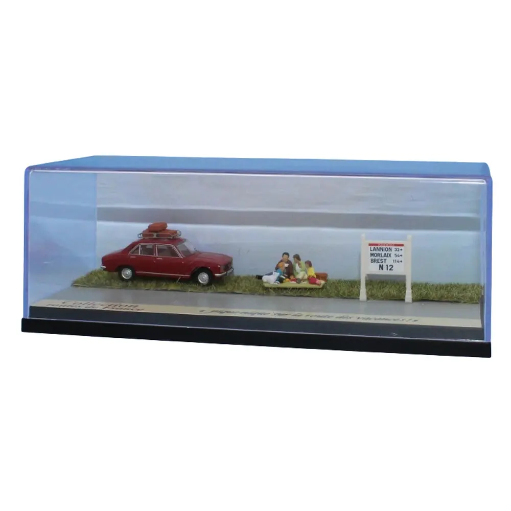 Peugeot 504 rouge carmin, galerie de toit, 3 valises, scène pique-nique et mur Michelin N12 - Sai 1996 - HO 1/87 - 2