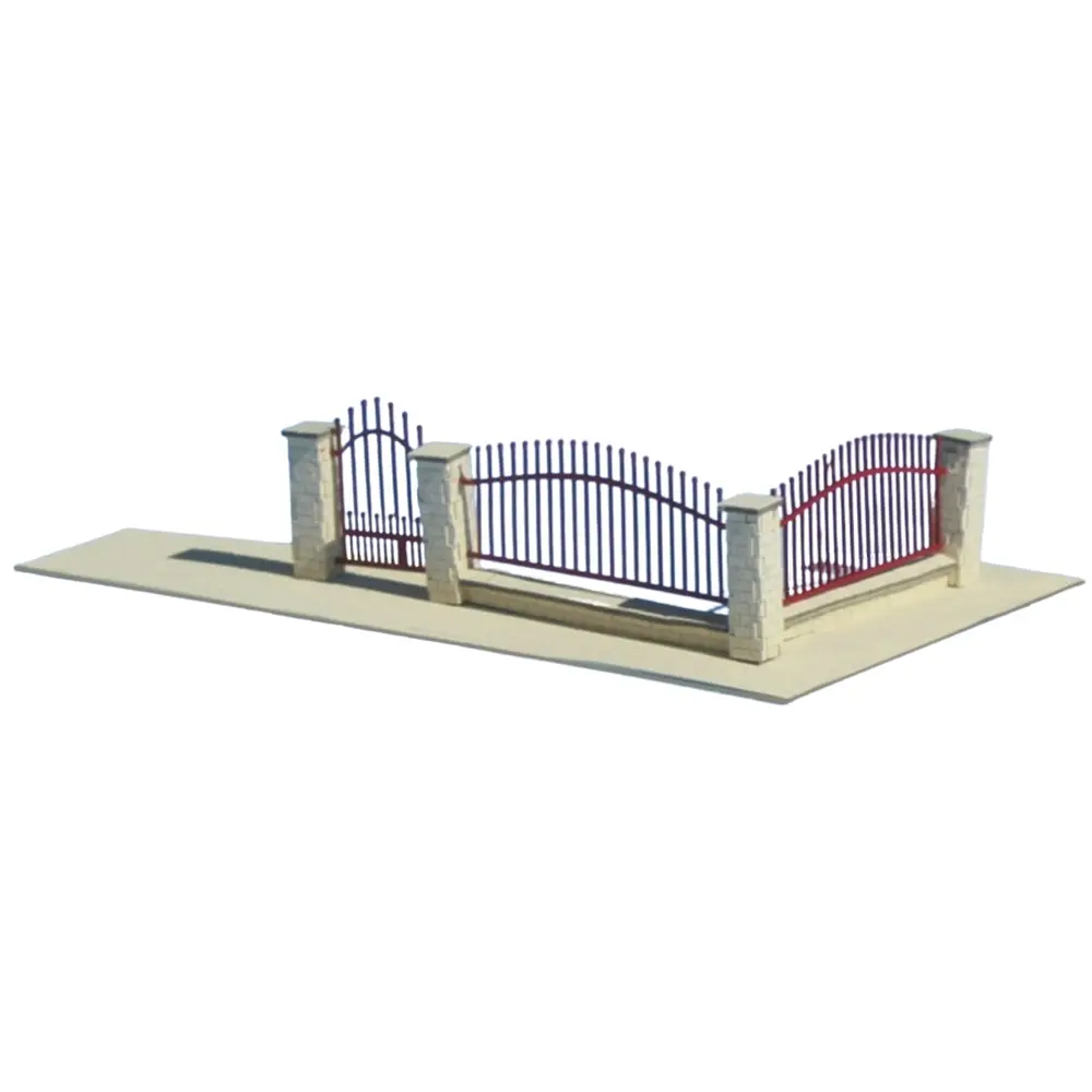 Muret beige avec grilles rouge carmin - SAI 701 - HO 1/87 - 134 x 7 x 26 mm - 2
