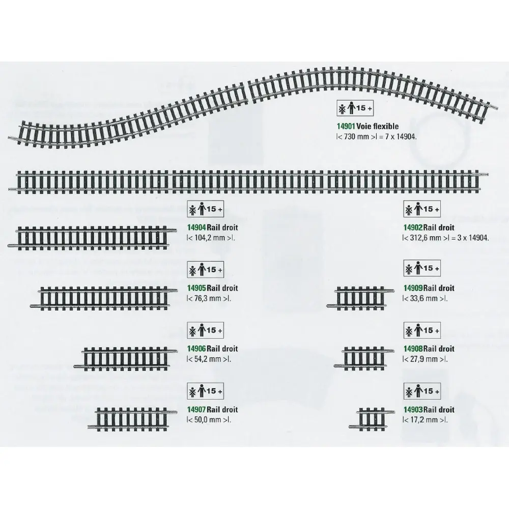 Rail droit - Minitrix 14908 - 27.9 mm - N : 1/160 - code 80 - 2