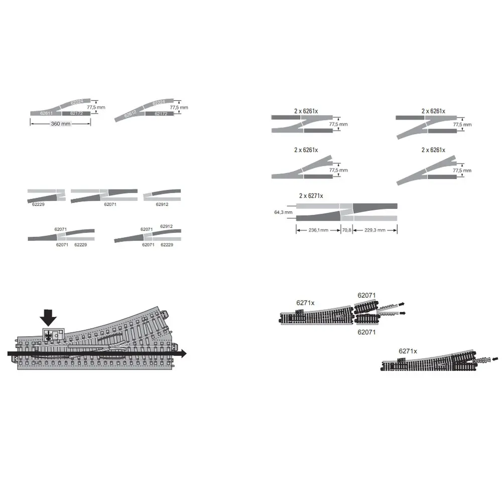 Aiguillage à droite R2 24,3° Trix 62612 - 188,3 mm - HO : 1/87 - Code 83 - Voie C - 4