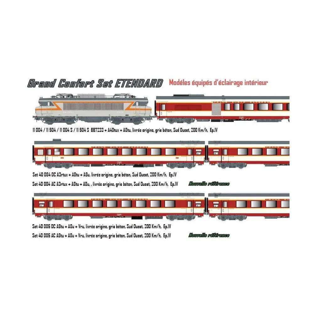Set de 3 voitures voyageurs grand confort "Étendard" A8tu + A8u + Vru - LS Models 40085AC - HO 1/87 - SNCF - Ep IV - 3R - 2