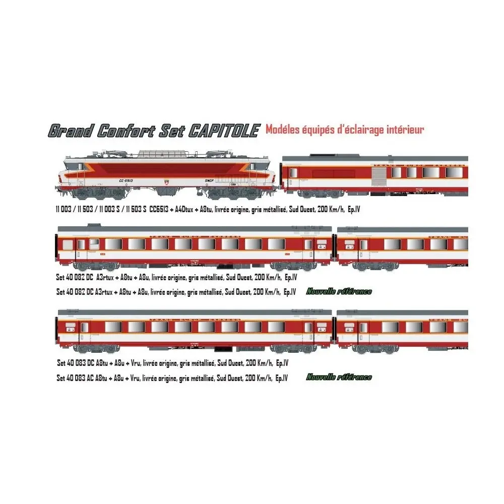 Set grand confort "Capitole" locomotive électrique CC 6513 + A4Dtux + A8tu - LS Models 11003DC - HO 1/87 - SNCF - Ep IV - Analogique - 2R - 2