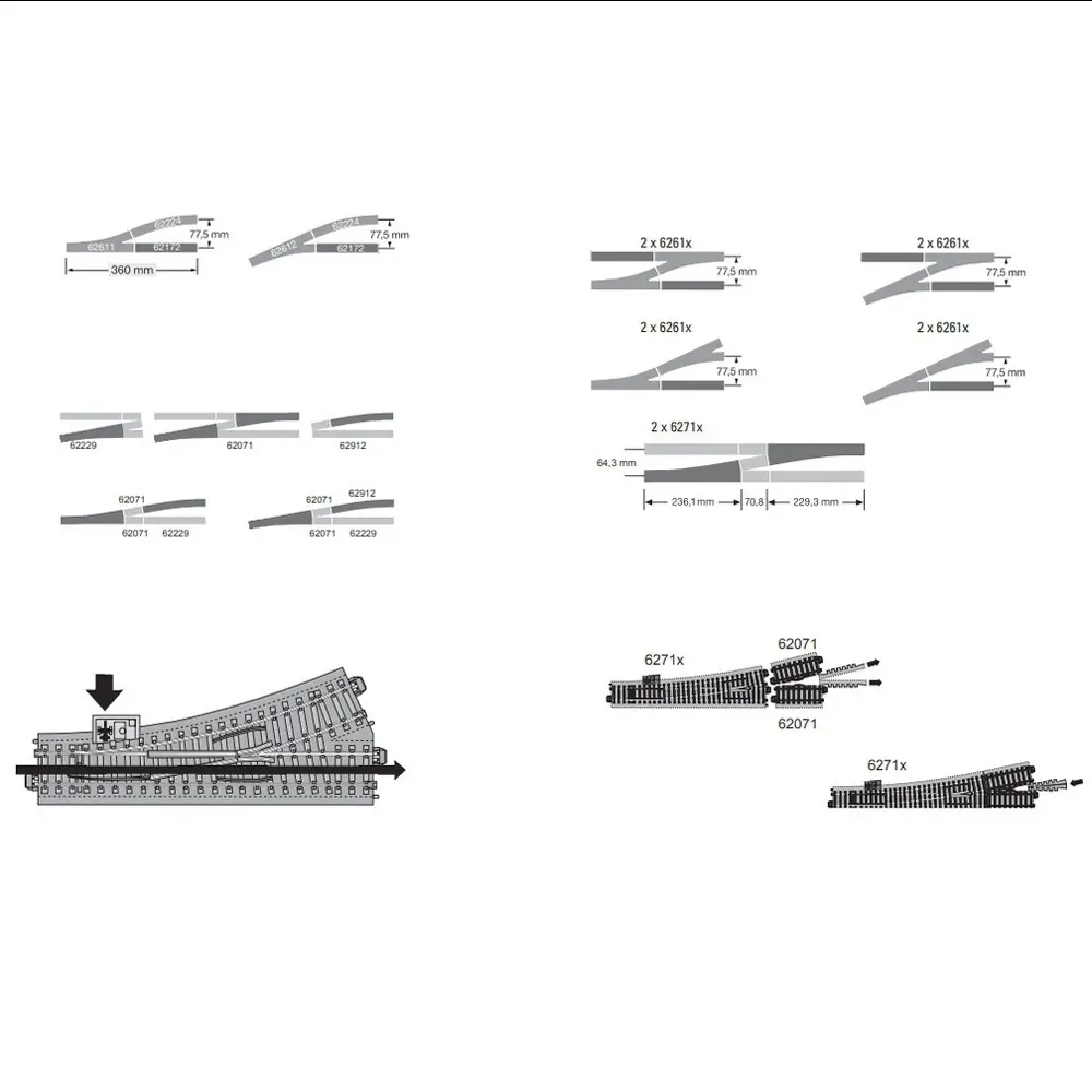 Aiguillage long à gauche 12,1° Trix 62711 - 236,1 mm - HO : 1/87 - Code 83 - Voie C - 4