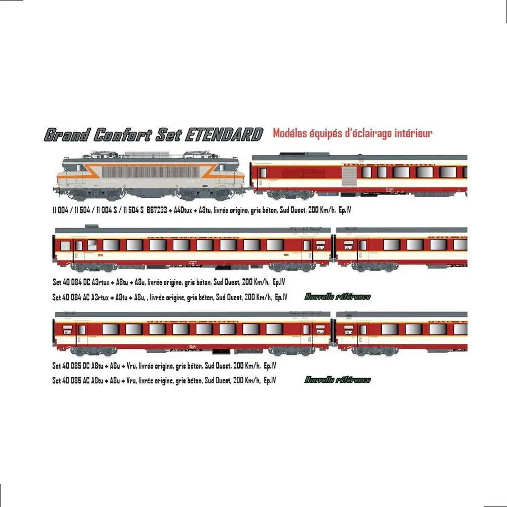 Set de 3 voitures voyageurs grand confort "Étendard" A3rtux + A8tu + A8u - LS Models 40084DC - HO 1/87 - SNCF - Ep IV - 2R - 2