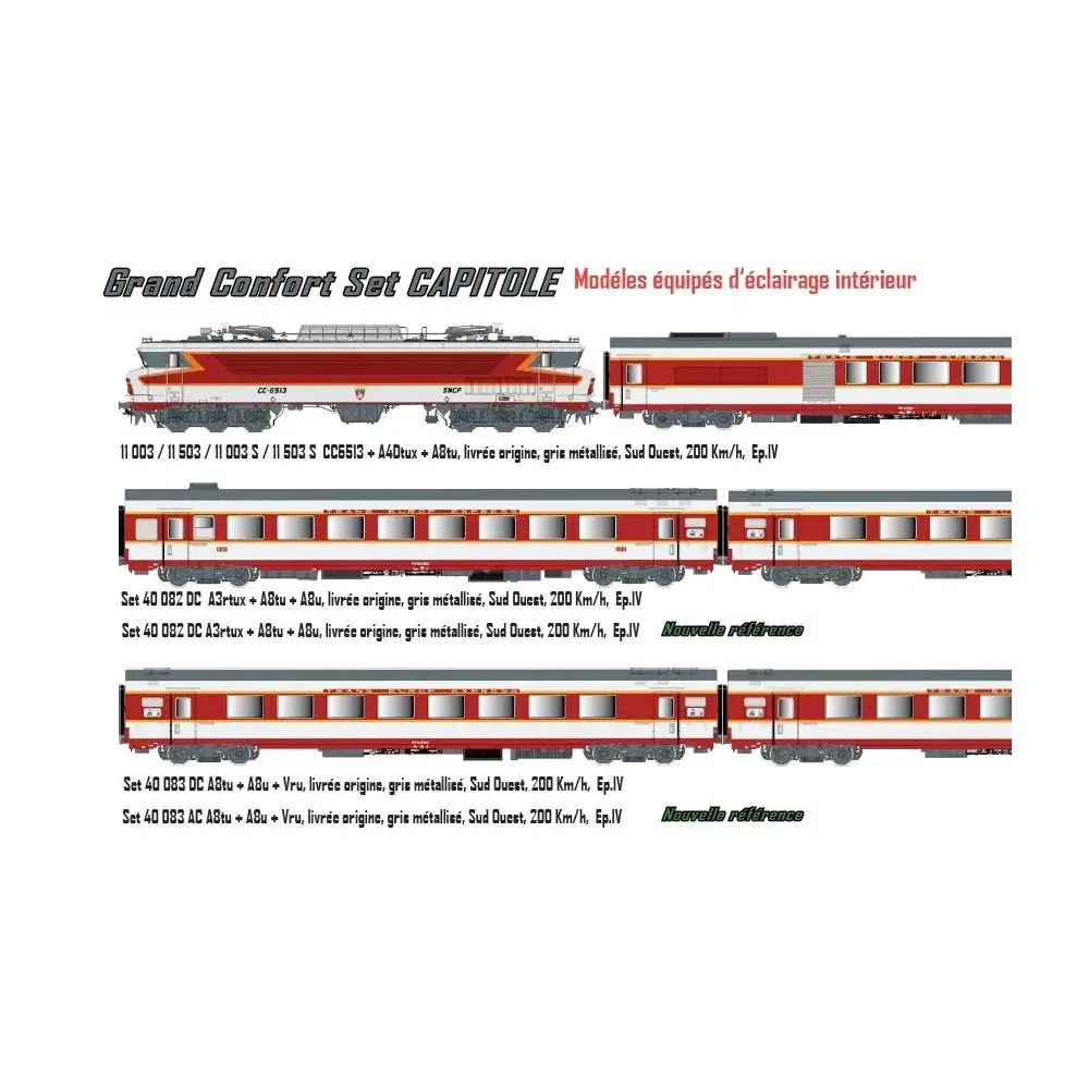 Set de 3 voitures voyageurs grand confort "Capitole" + A8tu + A8u + Vru - LS Models 40083AC - HO 1/87 - SNCF - Ep IV - 3R - 2