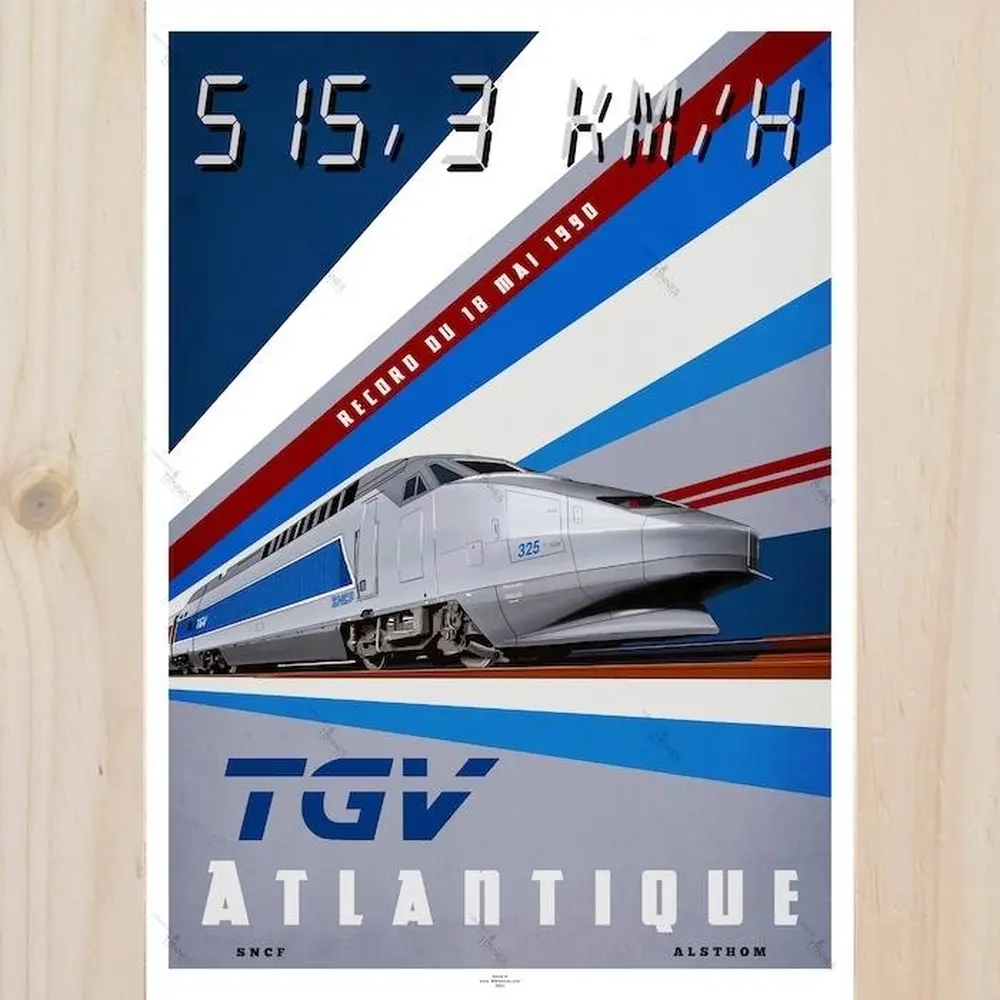 Poster TGV Record 1990 - A2 42.0 x 59.4 cm - 800Tonnes 8TTGVREC90 - Atlantique - SNCF - 515.3 km/h - 2
