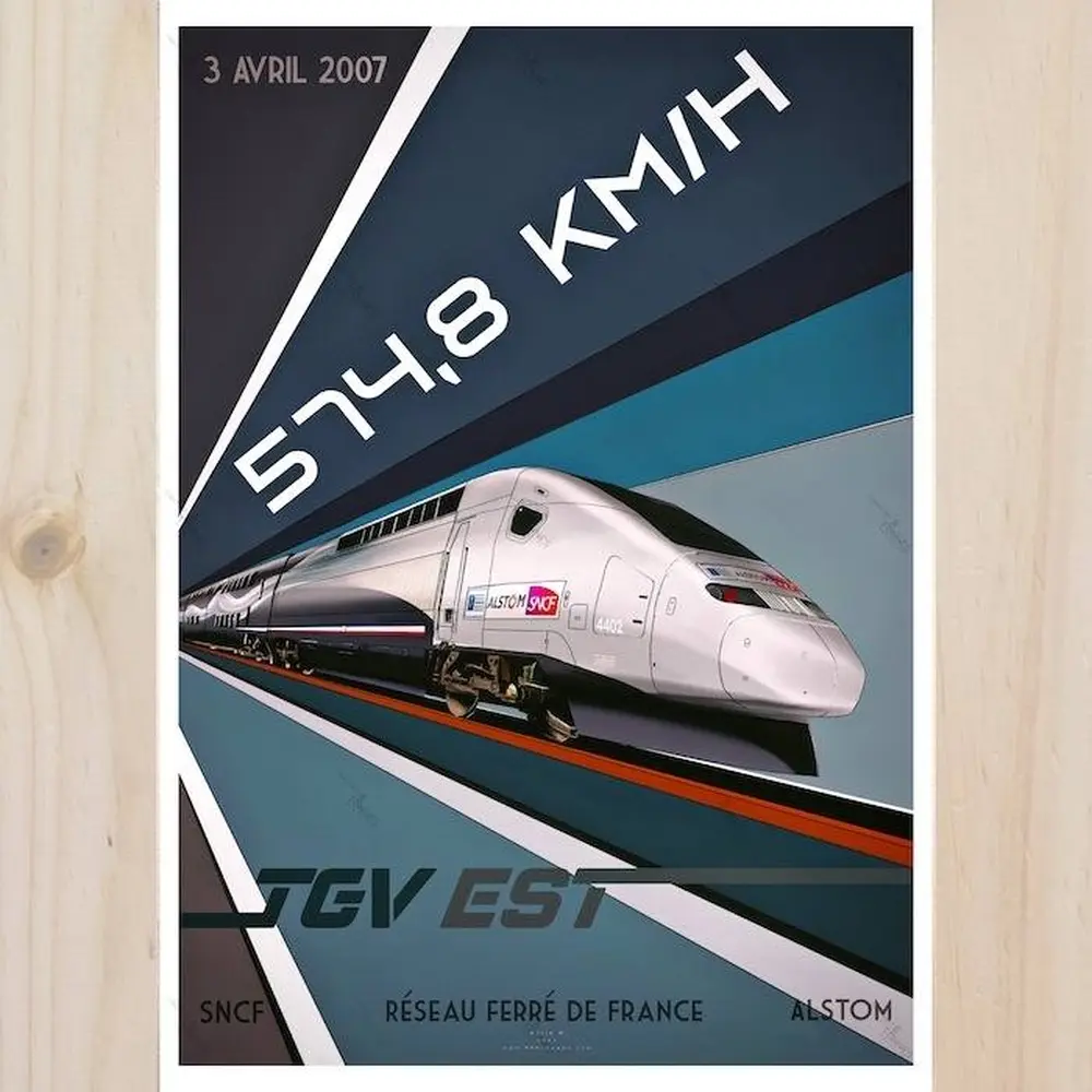 Poster TGV Record 2007 - A2 42.0 x 59.4 cm - 800Tonnes 8TTGVREC07 Est - SNCF - 574.8 km/h - 2