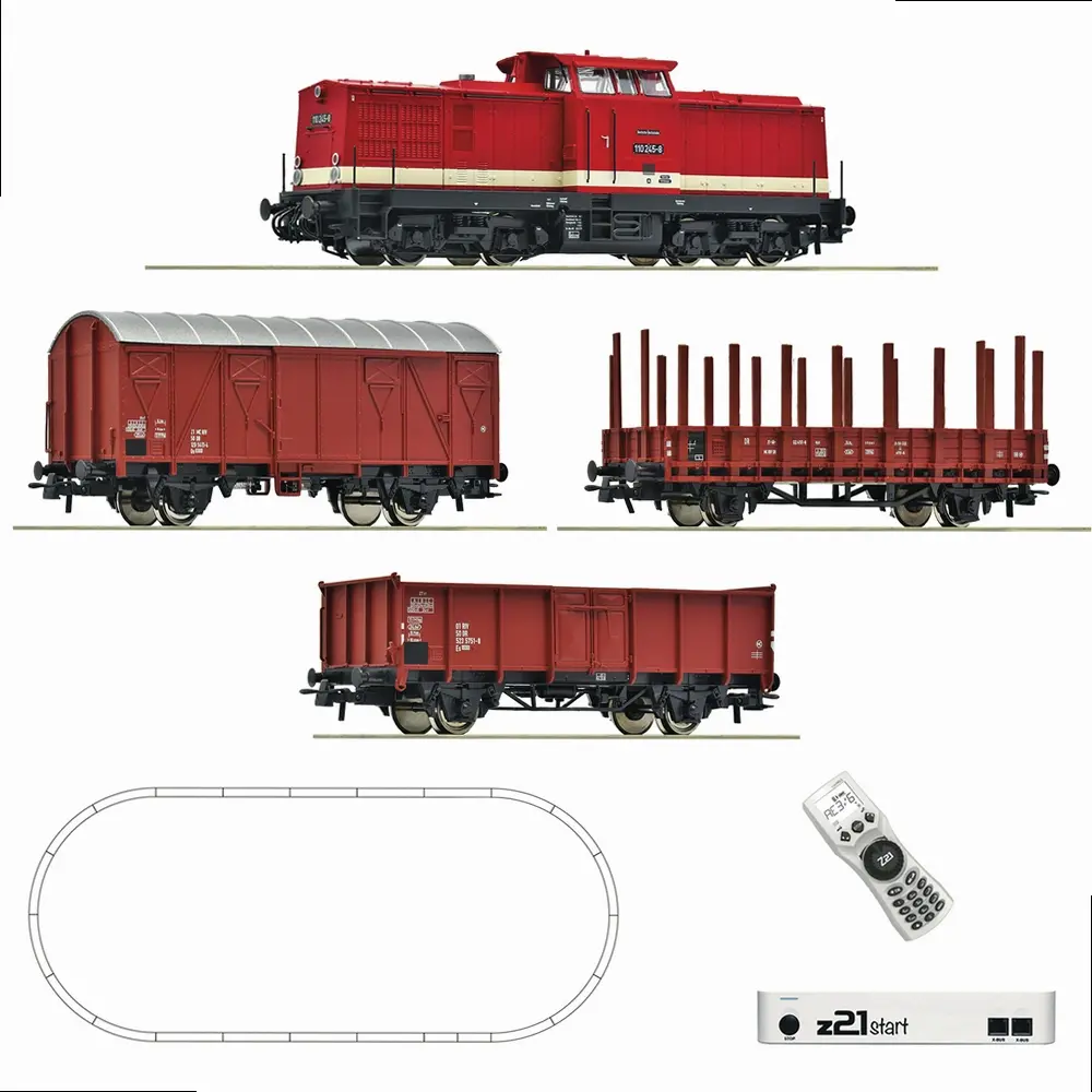 Coffret de départ z21 start : locomotive diesel BR 110 avec 3 wagons de marchandises - Roco 5110009 - HO 1/87 - DR - Ep IV - Digital - 2R