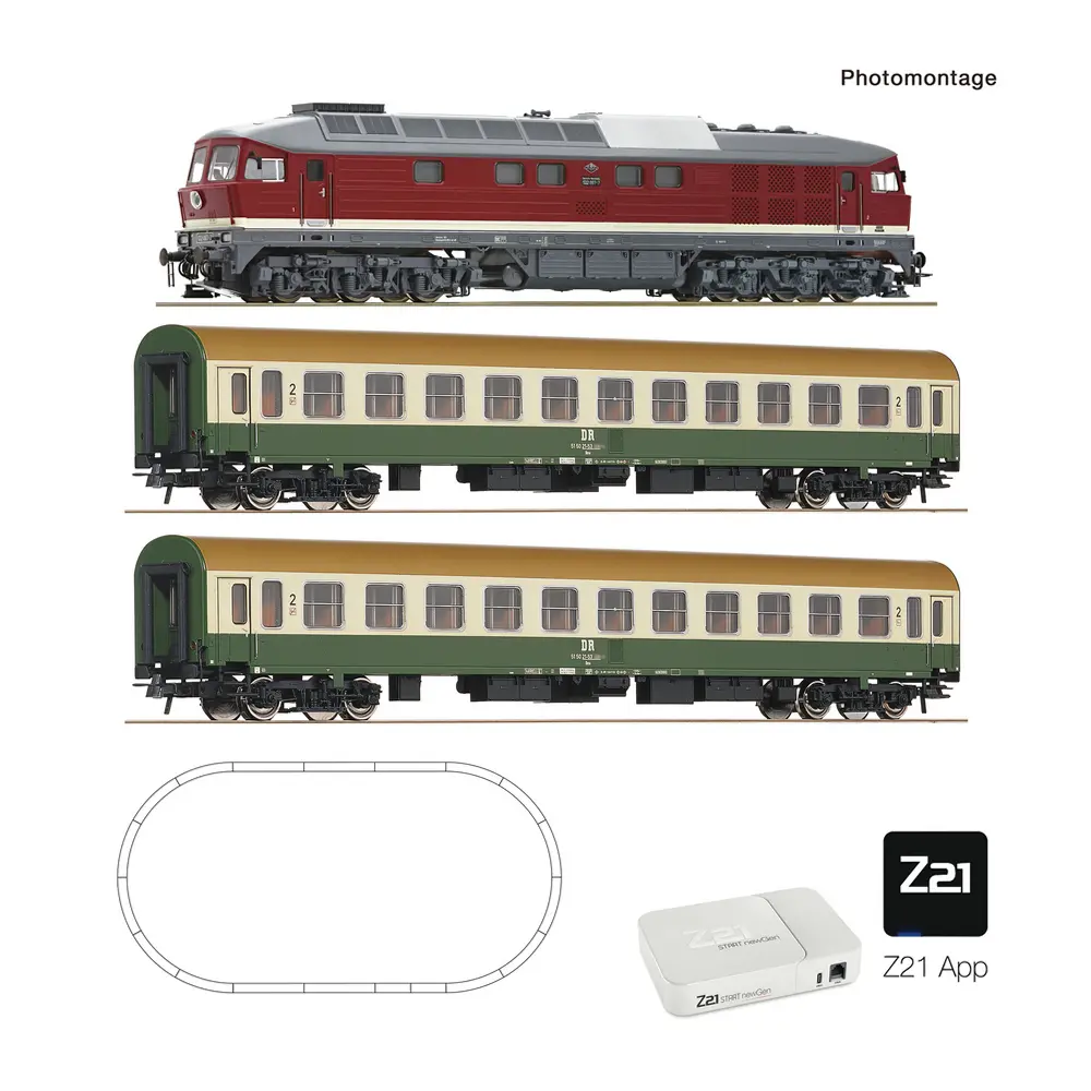 Coffret de départ Z21 START newGen : Locomotive diesel BR 132 (ROCO LINE, application Z21 uniquement) + 2 voitures voyageurs Halberstadt - Roco 5110014 - HO 1/87 - DR - Ep IV - Digital - 2R