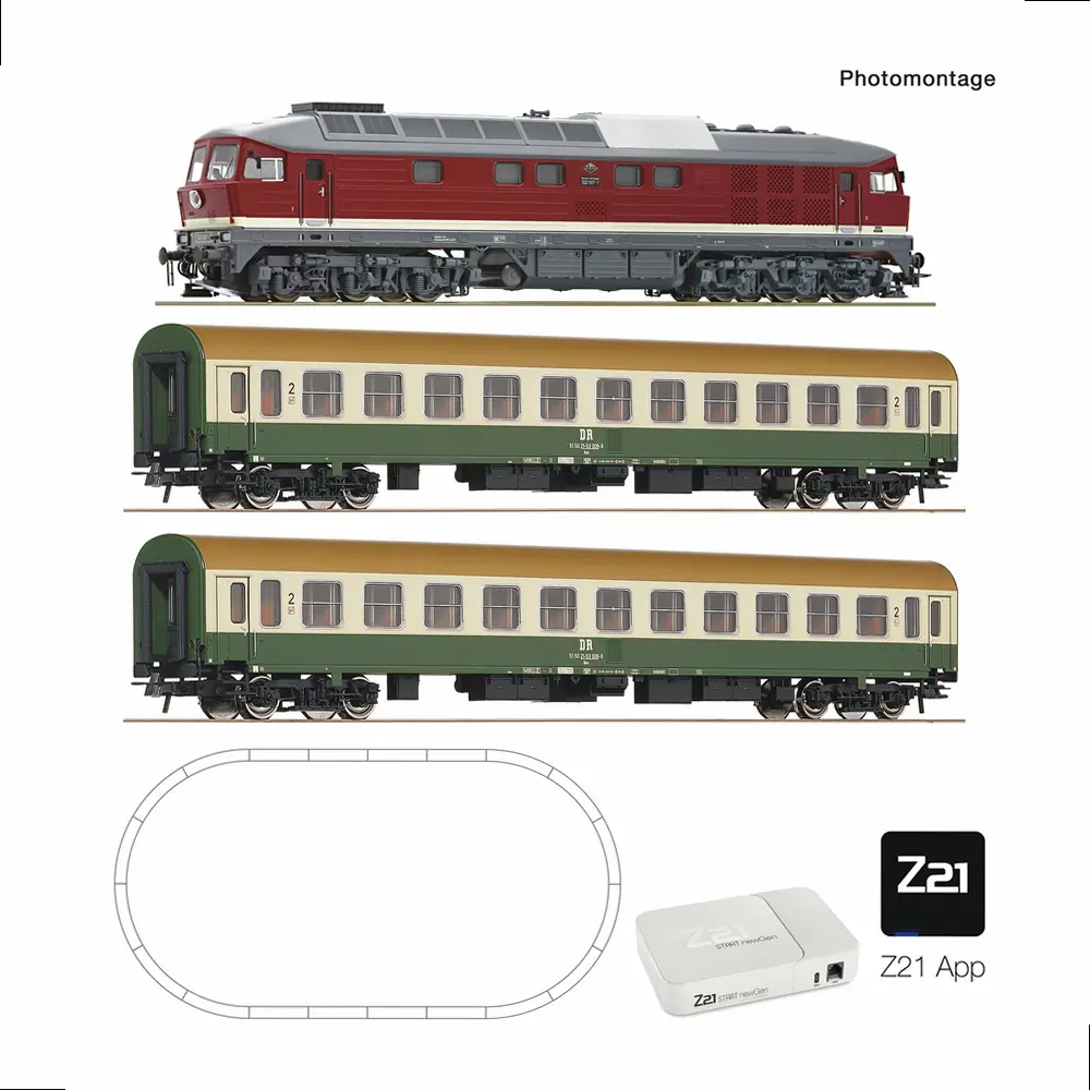 Coffret de départ Z21 START newGen : Locomotive diesel BR 132 (GEOLINE, application Z21 uniquement) + 2 voitures voyageurs Halberstadt - Roco 5110018 - HO 1/87 - DR - Ep IV - Digital - 2R