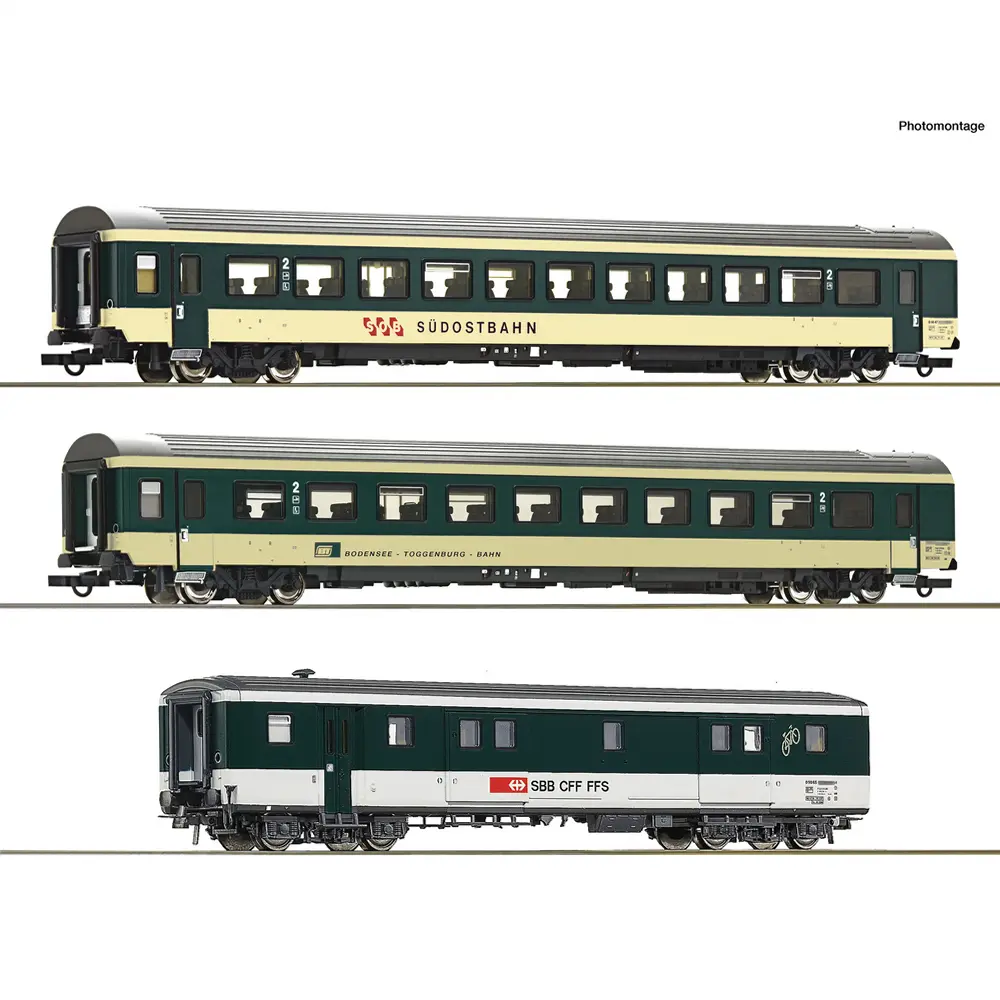 Coffret de 3 voitures voyageurs « Voralpen-Express » - Roco 6200212 - HO 1/87 - SOB/BT/CFF - Ep IV-V - 2R