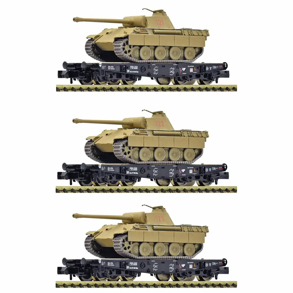 Set de 3 wagons plats pour le transport de charges lourdes, chargés chars Panther - Fleischmann 845606 - N 1/160 - DRB - Ep II - 2R