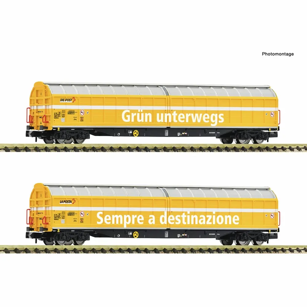 Set de 2 wagons à parois coulissantes de grande capacité à 4 essieux « Die Post » Habbiillnss Wascosa Poste Suisse SA - Fleischmann 6660155 - N 1/160 - Privée - Ep VI - 2R