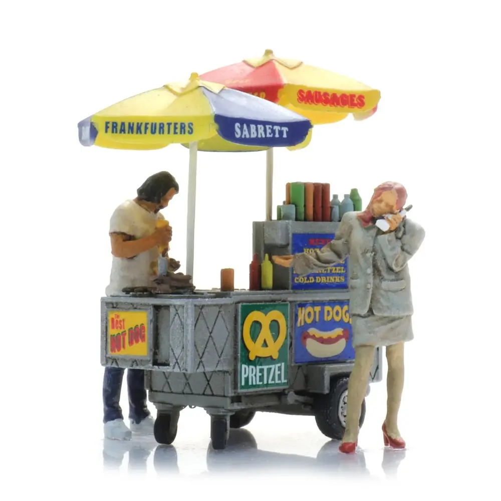 Chariot à hot-dogs de New York + deux figurines, prêt à l'emploi - Artitec 387.625 - HO 1/87