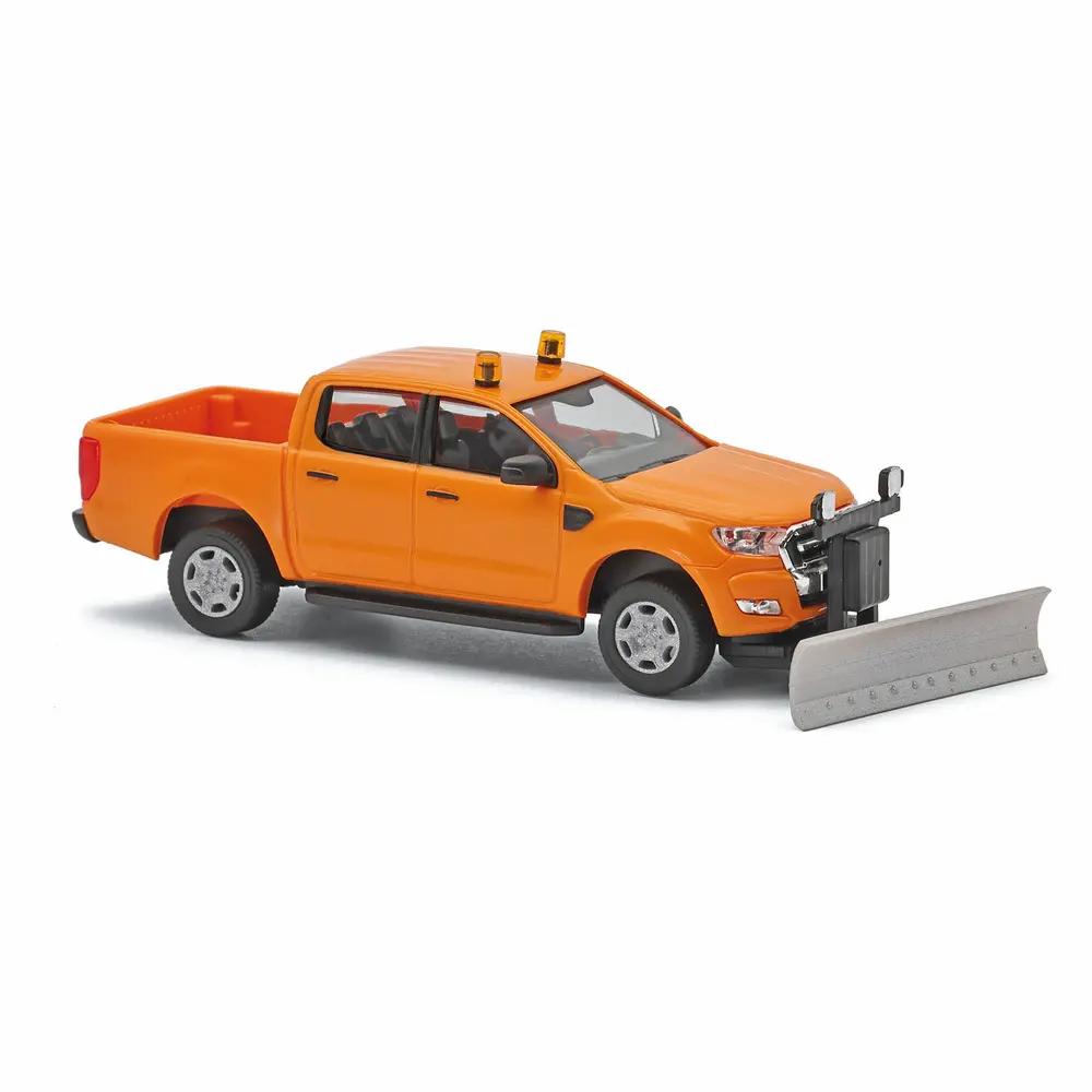 Camionnette Ford Ranger à plateau, orange avec chasse-neige - Busch 52862 - HO 1/87