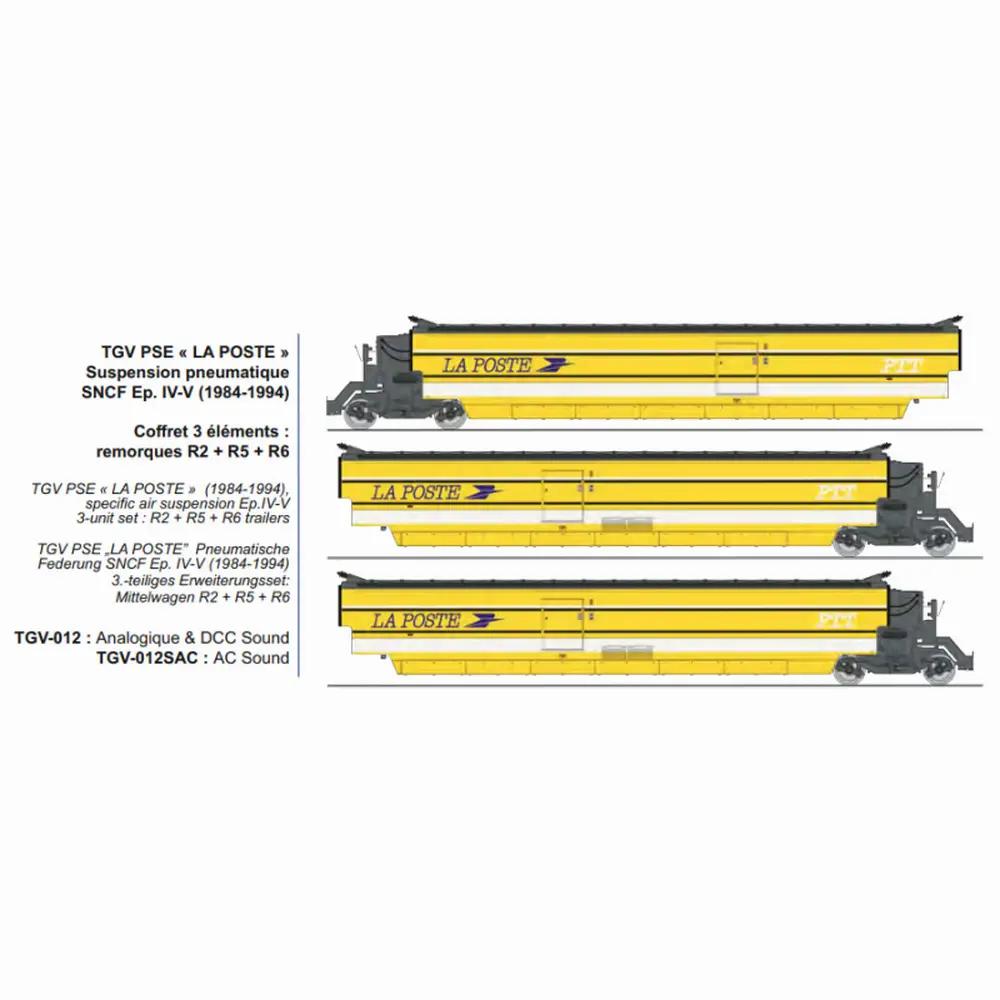 Set de 3 voitures complémentaires TGV PSE « La Poste » remorques R2, R5, R6, suspension pneumatique - Ree Modèles TGV012SAC - HO 1/87 - SNCF - Ep IV-V - 3R