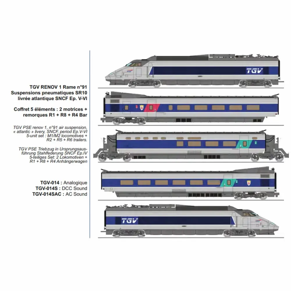 TGV RENOV 1 rame n°91 SR10 livrée atlantique, 5 éléments : 2 motrices + remorques R1 + R8 + R4 bar, suspensions pneumatiques - Ree Modèles TGV014 - HO 1/87 - SNCF - Ep V-VI - Analogique - 2R
