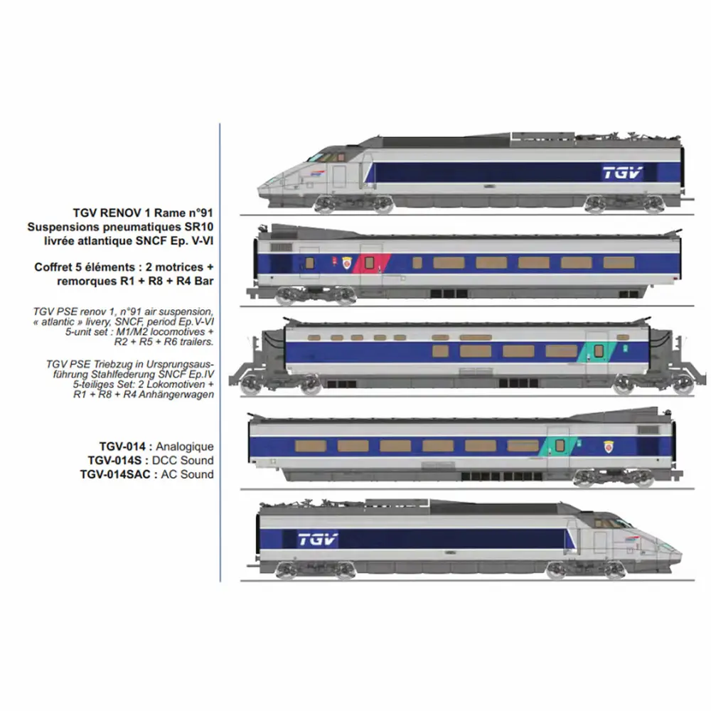 TGV RENOV 1 rame n°91 SR10 livrée atlantique, 5 éléments : 2 motrices + remorques R1 + R8 + R4 bar, suspensions pneumatiques - Ree Modèles TGV014S - HO 1/87 - SNCF - Ep V-VI - Digital sound - 2R