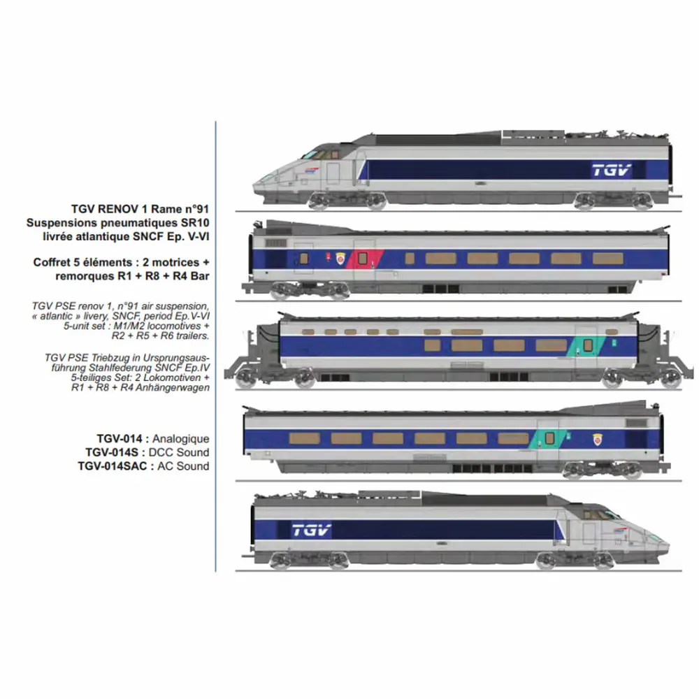 TGV RENOV 1 rame n°91 SR10 livrée atlantique, 5 éléments : 2 motrices + remorques R1 + R8 + R4 bar, suspensions pneumatiques - Ree Modèles TGV014SAC - HO 1/87 - SNCF - Ep V-VI - Digital sound - 3R