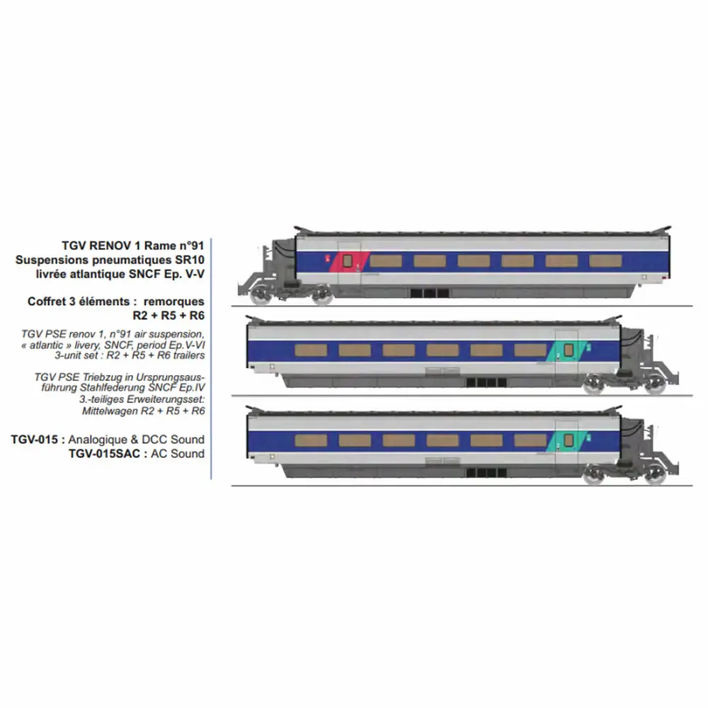 Set de 3 voitures complémentaires TGV RENOV 1 rame n°91 SR10 livrée Atlantique, suspensions pneumatiques - Ree Modèles TGV015 - HO 1/87 - SNCF - Ep V-VI - 2R