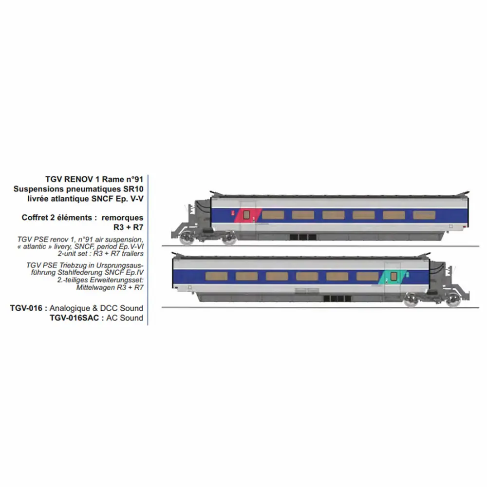 Set de 2 voitures complémentaires TGV RENOV 1 rame n°91, SR10 livrée Atlantique, remorques R3 + R7, suspensions pneumatiques - Ree Modèles TGV016SAC - HO 1/87 - SNCF - Ep V-VI - 3R