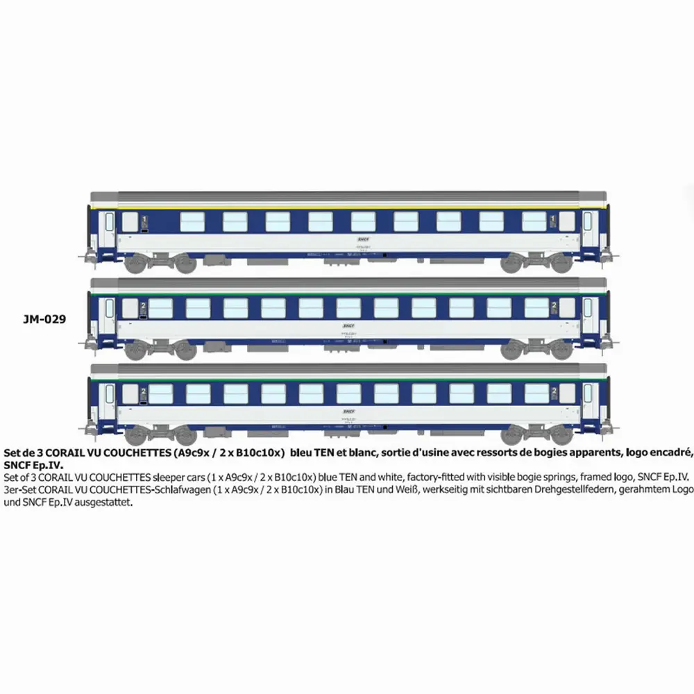 Set de 3 voitures couchettes Corail VU (A9c9x / 2 x B10c10x) bleu TEN et blanc, logo encadré, ressort d'origine - Ree Modèles JM029 - HO 1/87 - SNCF - Ep IV - 2R