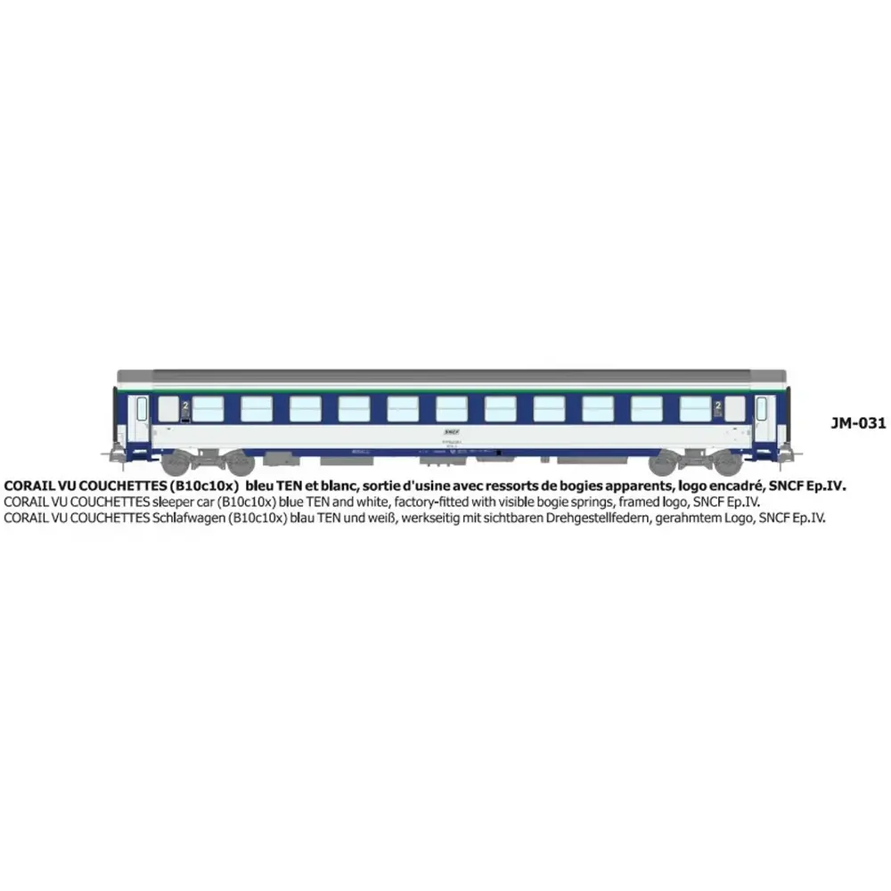 Voiture couchettes Corail VU B10c10x bleu TEN et blanc, logo encadré, ressort d'origine - Ree Modèles JM031 - HO 1/87 - SNCF - Ep IV - 2R