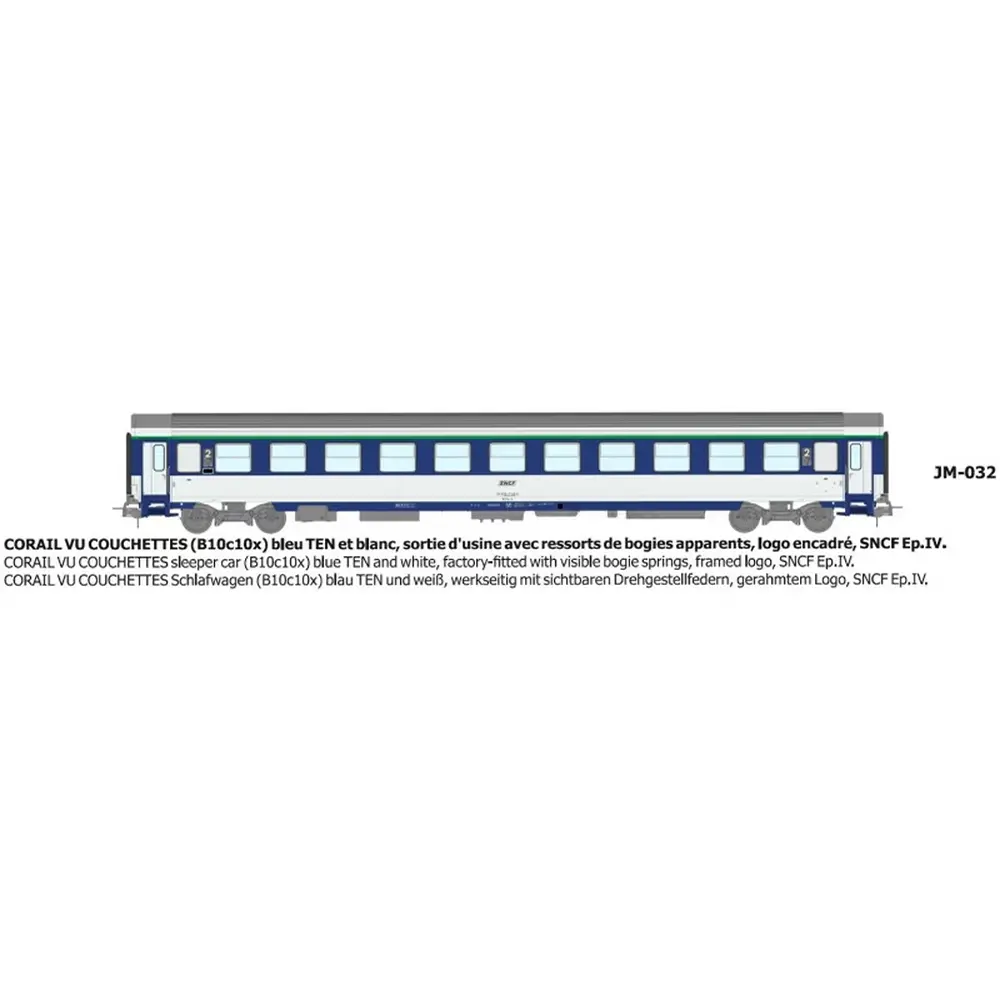 Voiture couchettes Corail VU B10c10x bleu TEN et blanc, logo encadré, ressort d'origine - Ree Modèles JM032 - HO 1/87 - SNCF - Ep IV - 2R