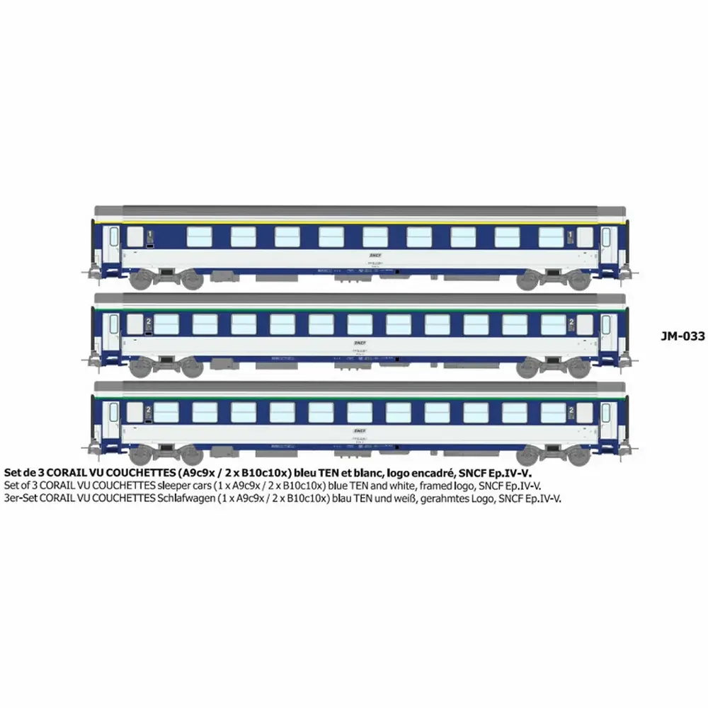 Set de 3 voitures couchettes Corail VU (A9c9x / 2 x B10c10x) bleu TEN et blanc, logo encadré - Ree Modèles JM033 - HO 1/87 - SNCF - Ep IV - 2R