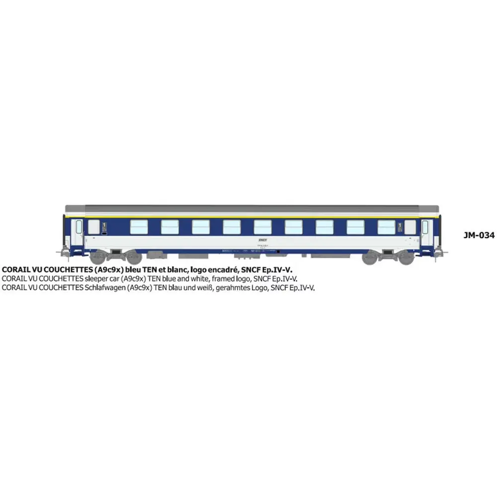 Voiture couchettes Corail VU A9c9x bleu TEN et blanc, logo encadré - Ree Modèles JM034 - HO 1/87 - SNCF - Ep IV-V - 2R
