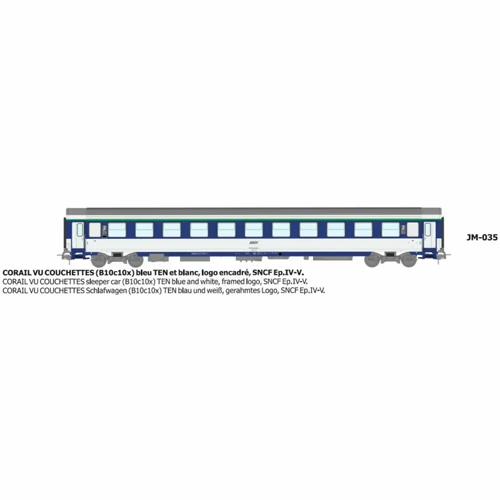 Voiture couchettes Corail VU B10c10x bleu TEN et blanc, logo encadré - Ree Modèles JM035 - HO 1/87 - SNCF - Ep IV-V - 2R