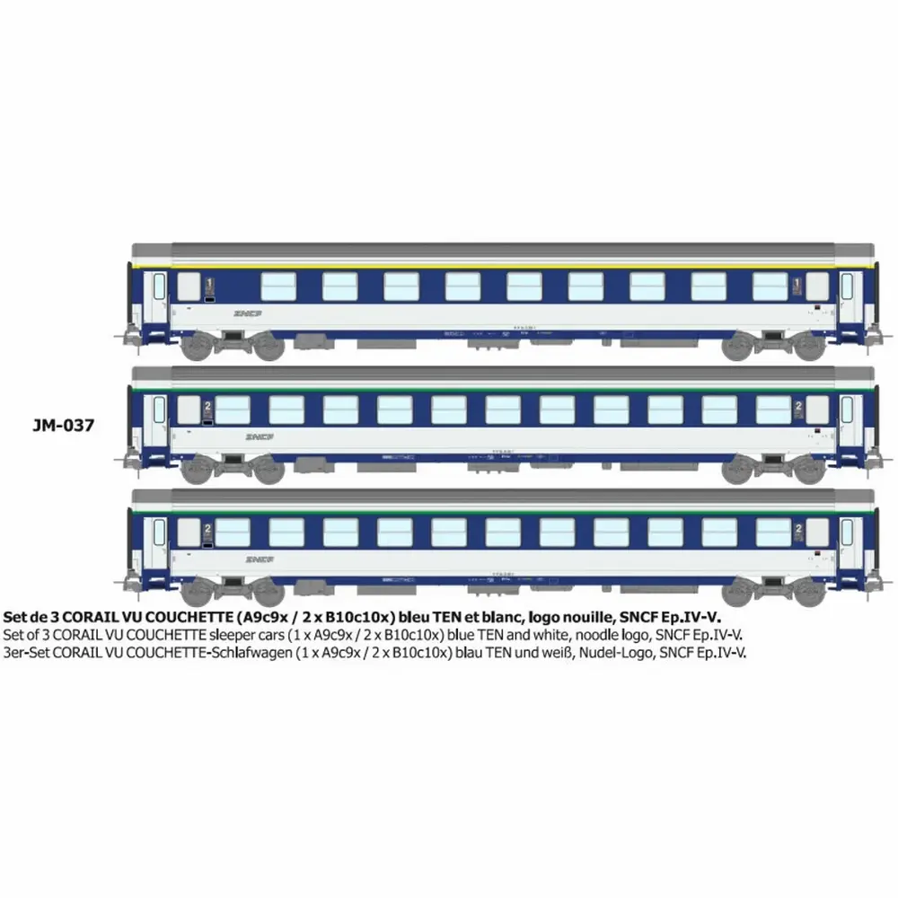 Set de 3 voitures couchettes Corail VU (A9c9x / 2 x B10c10x) bleu TEN et blanc, logo nouille - Ree Modèles JM037 - HO 1/87 - SNCF - Ep IV-V - 2R