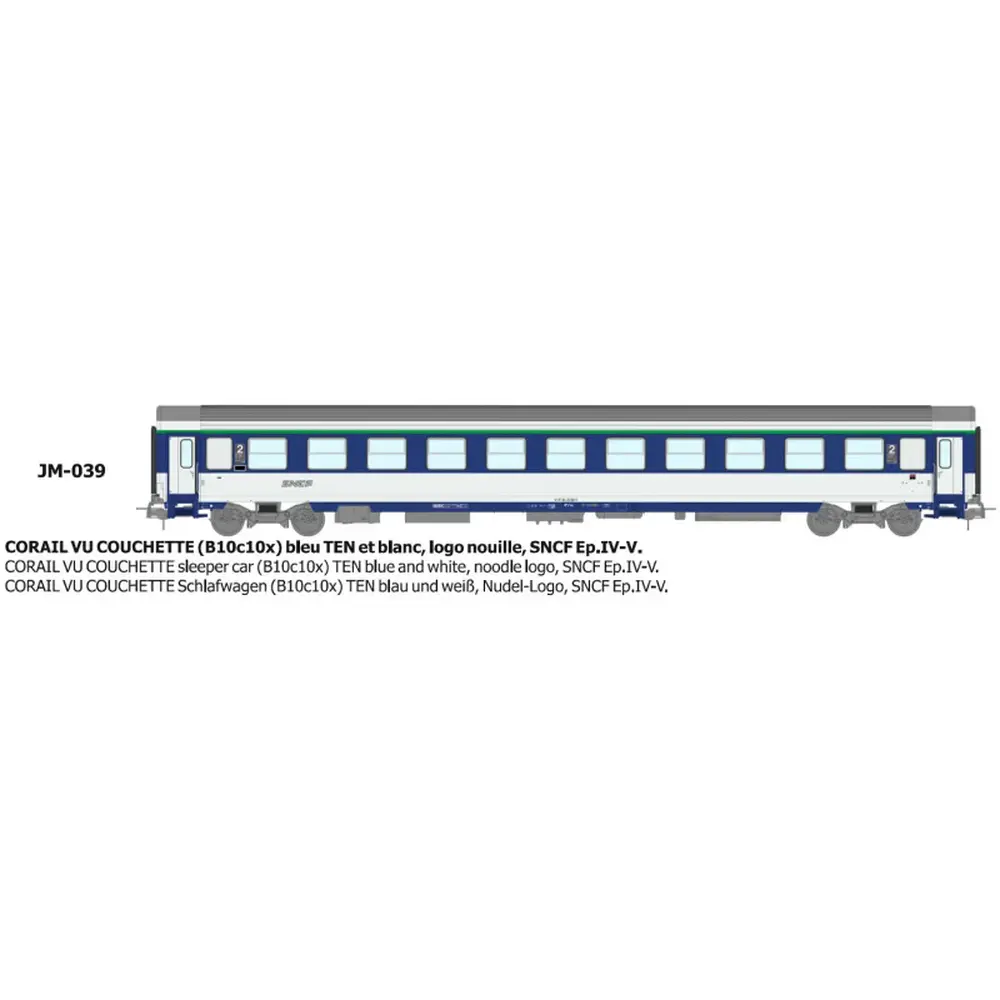 Voiture couchette Corail VU B10c10x bleu TEN et blanc, logo nouille - Ree Modèles JM039 - HO 1/87 - SNCF - Ep IV-V - 2R