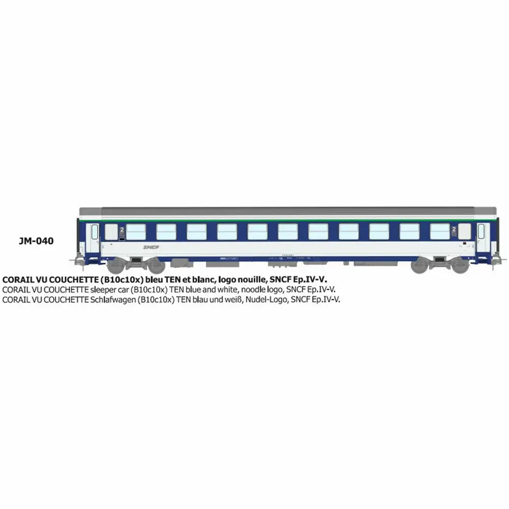 Voiture couchette Corail VU B10c10x bleu TEN et blanc, logo nouille - Ree Modèles JM040 - HO 1/87 - SNCF - Ep IV-V - 2R