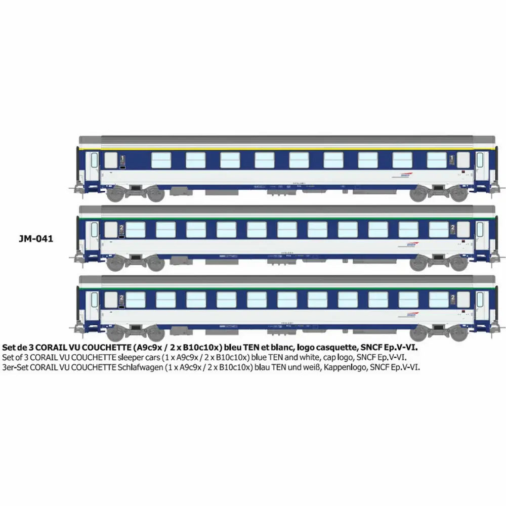 Set de 3 voitures couchettes Corail VU (A9c9x / 2 x B10c10x) bleu TEN et blanc, logo casquette - Ree Modèles JM041 - HO 1/87 - SNCF - Ep V-VI - 2R