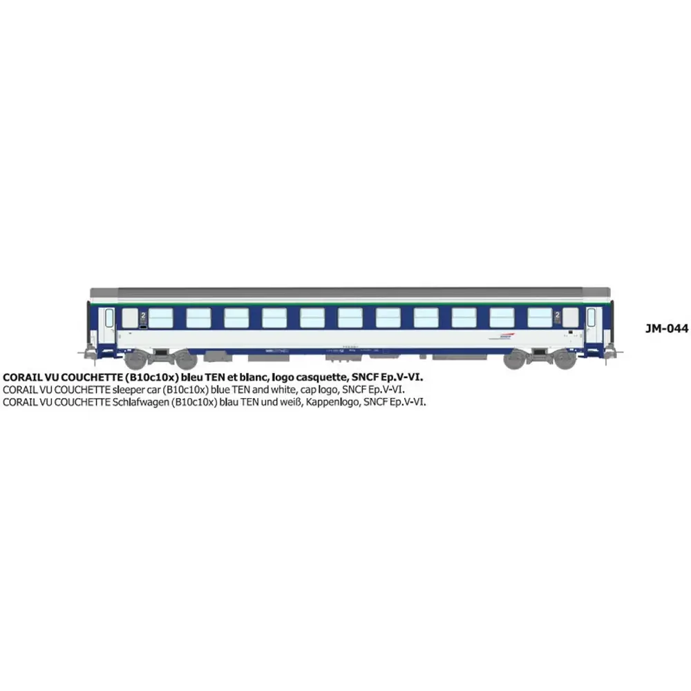 Voiture couchette Corail VU B10c10x bleu TEN et blanc, logo casquette - Ree Modèles JM044 - HO 1/87 - SNCF - Ep V-VI - 2R