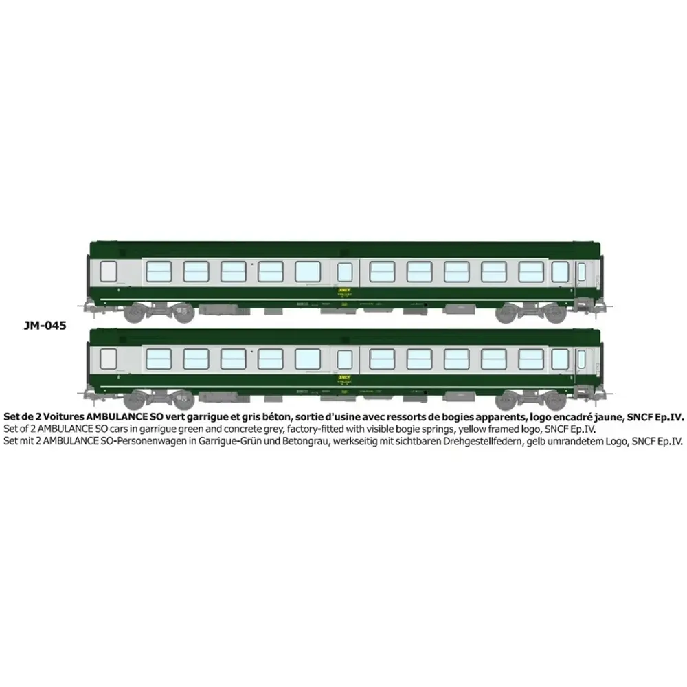 Set de 2 voitures AMBULANCE vert/gris logo encadré jaune - Ree Modèles JM045 - HO 1/87 - SNCF - Ep IV - 2R