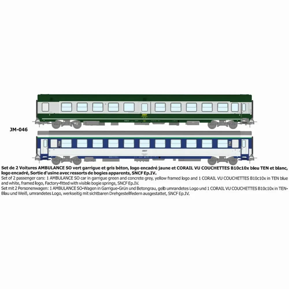 Set de 2 voitures (AMBULANCE et CORAIL B10c10x) vert/gris logo encadré jaune - Ree Modèles JM046 - HO 1/87 - SNCF - Ep IV - 2R