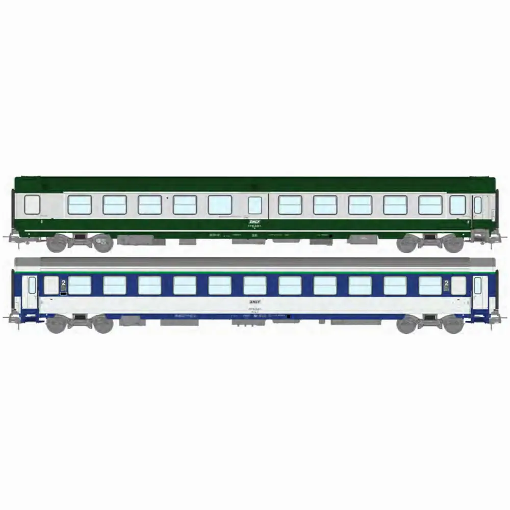 Set de 2 voitures ambulance et corail B10c10x vert/gris logo encadré blanc - Ree Modèles JM048 - HO 1/87 - SNCF - Ep IV-V - 2R