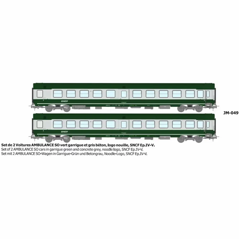 Set de 2 voitures « Ambulance SO » vert garrigue et gris béton avec logo nouille - Ree Modèles JM049 - HO 1/87 - SNCF - Ep IV-V - 2R