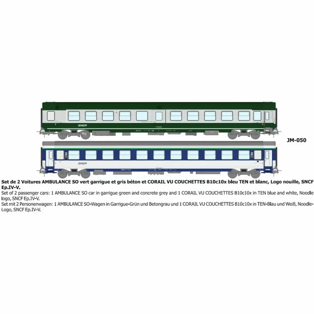 Set de 2 voitures « Ambulance SO » vert garrigue et gris béton et Corail (B10c10x) bleu TEN et blanc - Ree Modèles JM050 - HO 1/87 - SNCF - Ep IV-V - 2R