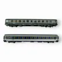 Set de 2 voitures « Ambulance SO » vert garrigue et gris béton et Corail (B10c10x) bleu TEN et blanc - Ree Modèles JM050 - HO 1/87 - SNCF - Ep IV-V - 2R