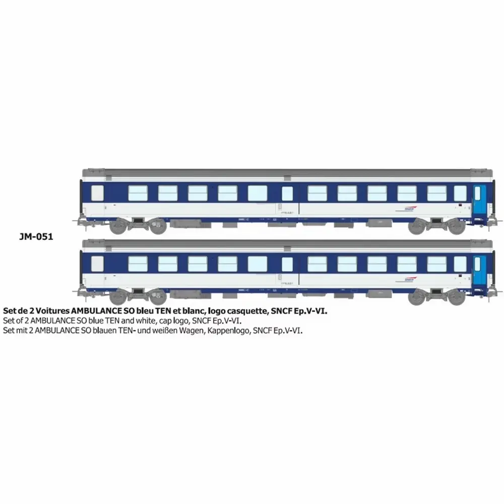 Set de 2 voitures « Ambulance SO » bleu TEN et blanc, logo casquette - Ree Modèles JM051 - HO 1/87 - SNCF - Ep V-VI - 2R