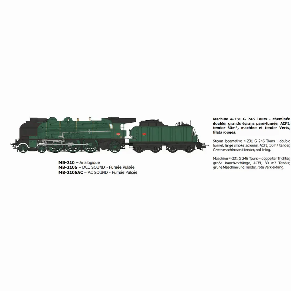 Locomotive à vapeur 4-231G 246 TOURS - Ree Modèles MB210SAC - HO 1/87 - SNCF - Ep III - Digital sound fumigène - 3R